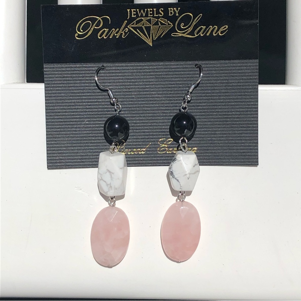 Park Lane Jewelry Dangling Earrings Black, White Marble & Pink —#104 - Picture 3 of 5